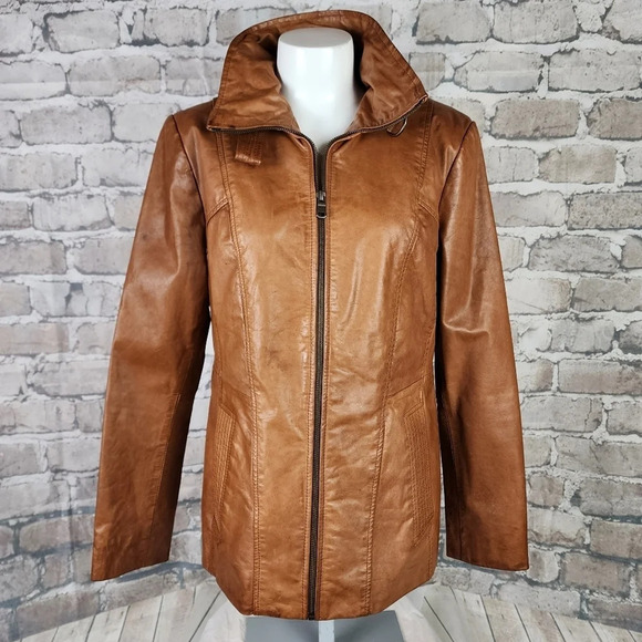 Marc New York Andrew Marc Leather Jacket Zip Front Caramel Size Large - Picture 1 of 16
